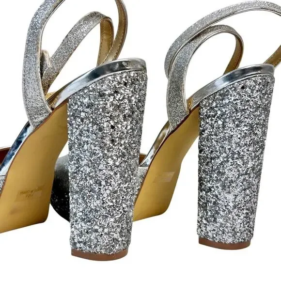 Badgley Mischka 7.5 Zale Open Toe Platform Block Heel Glitter Adjustable Buckle - Picture 3 of 9